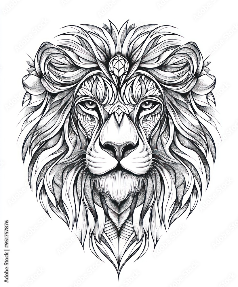 Obraz premium A detailed black and white illustration of a lion's face, emphasizing intricate patterns and textures.