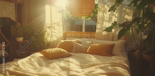 Cropped shot of a king size bed in a stylish boho bedroom with beams of natural sun light. Kingsize bed with puffy pillows. Close up, copy space, background. photo