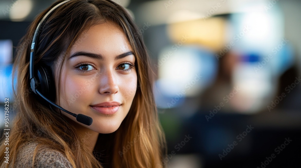 Young female technical support dispatcher working in a call center office, using computers and wearing headsets for customer service support or sales. close-up Young female technical support dispatcher working in a call center office, using computers and wearing headsets for customer service support or sales. close-up