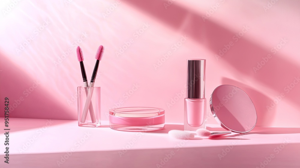 Elegant Woman's Beauty Essentials on Soft Pastel Pink Background Elegant Woman's Beauty Essentials on Soft Pastel Pink Background