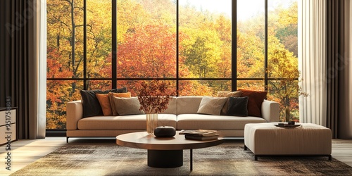 Fototapeta Naklejka Na Ścianę i Meble -  A cozy living room with a view of the fall foliage