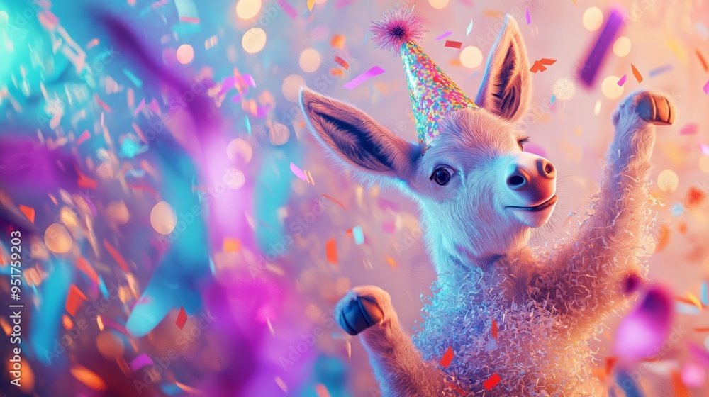Donkey celebrating with colorful confetti and party hat. Joyful and festive animal event. Donkey celebrating with colorful confetti and party hat. Joyful and festive animal event.
