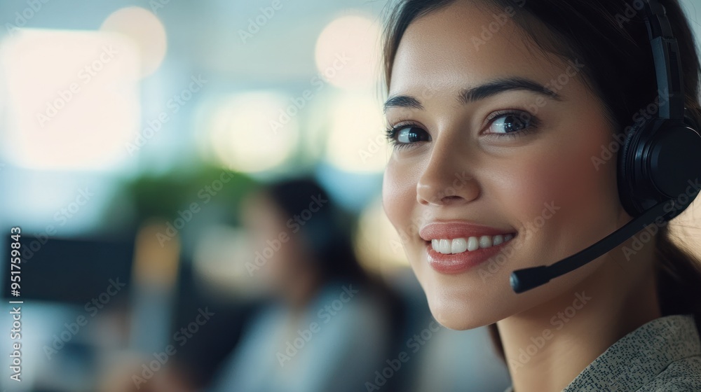 Young female technical support dispatcher working in a call center office, using computers and wearing headsets for customer service support or sales. close-up Young female technical support dispatcher working in a call center office, using computers and wearing headsets for customer service support or sales. close-up
