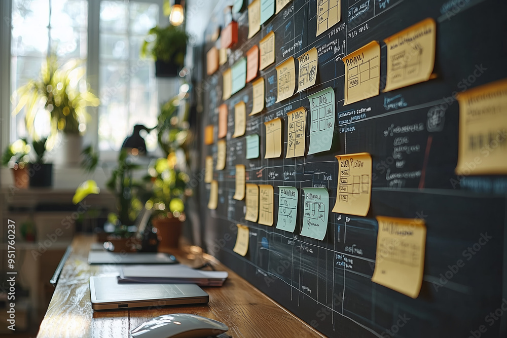 Modern Office Workspace with Sticky Notes and Planner