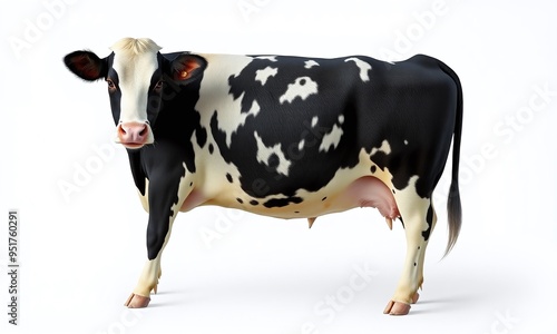 photorealistic image of a black and white cow standing on a plain white background