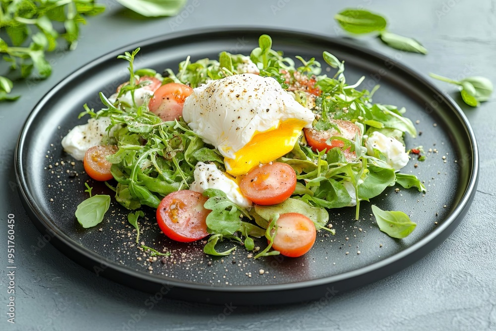 Closeup of mantel salad with burrata and poached egg on a black plate, Canon R5 DSLR, high resolution, natural lighting, restaurant setting, photorealistic quality Closeup of mantel salad with burrata and poached egg on a black plate, Canon R5 DSLR, high resolution, natural lighting, restaurant setting, photorealistic quality