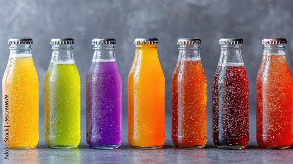 Brightly colored fizzy drinks in glass bottles arranged in a row Brightly colored fizzy drinks in glass bottles arranged in a row