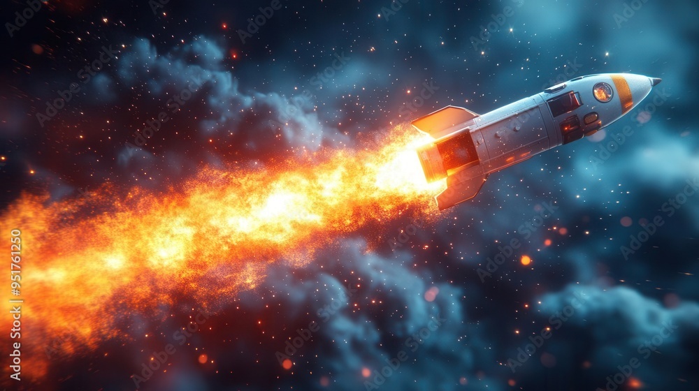 Fototapeta premium dynamic rocket launch illustration stylized startup concept vibrant colors motion blur effect innovative composition on clean white background