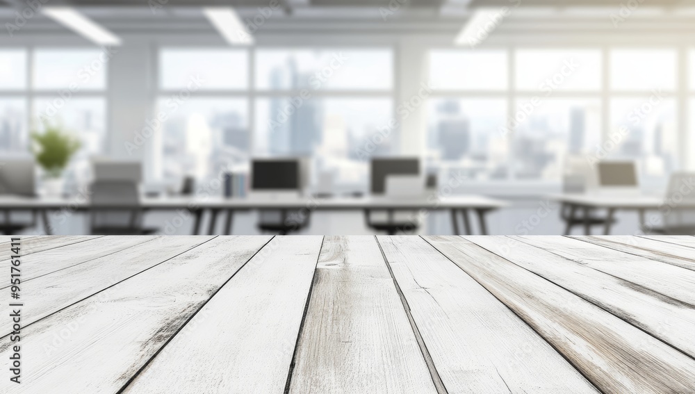 The top of a white wood table is blurred against a blurred background in an office The top of a white wood table is blurred against a blurred background in an office