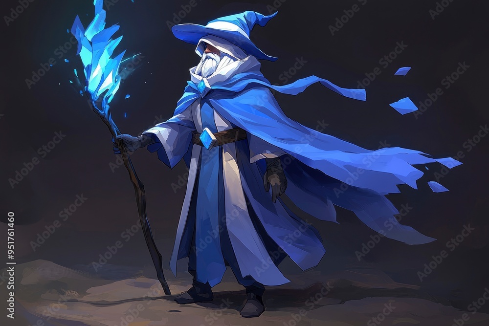 Fototapeta premium Powerful Wizard with Blue Fire Staff