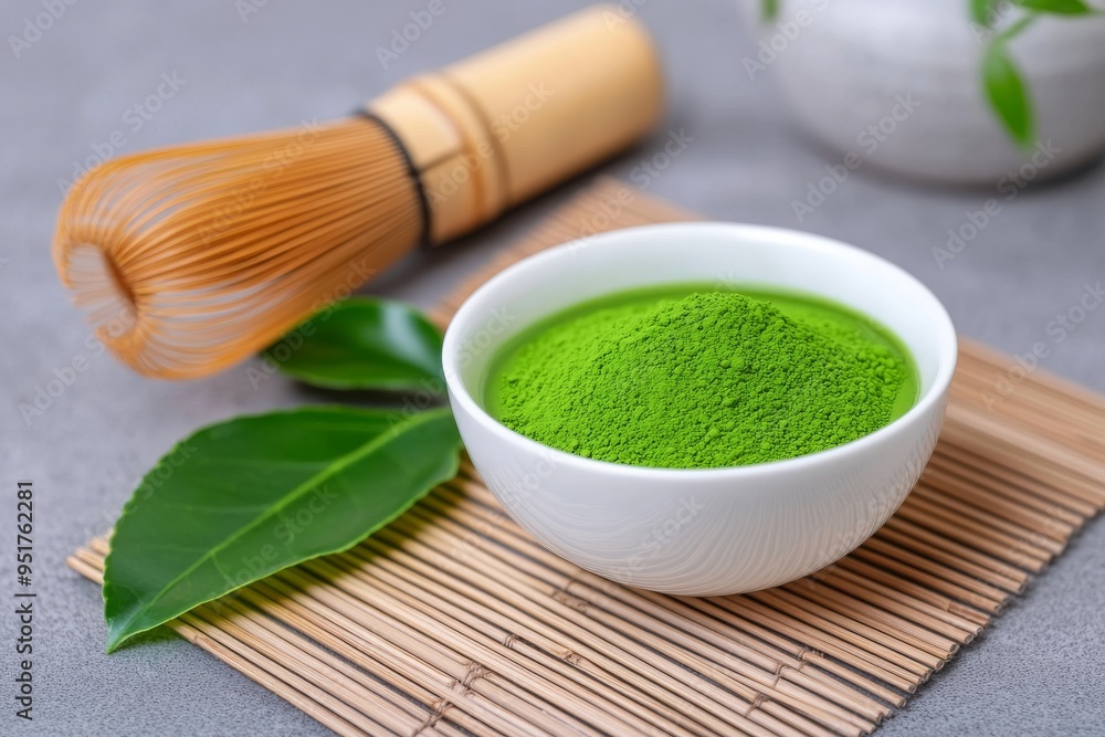 A White Bowl of Matcha Tea with a Leaf and Wooden Whisk on a Bamboo Mat A White Bowl of Matcha Tea with a Leaf and Wooden Whisk on a Bamboo Mat