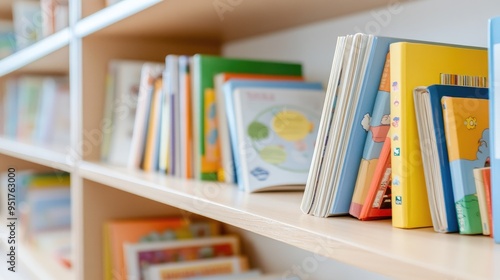 Shelves filled with colorful educational books and resources in a classroom photo