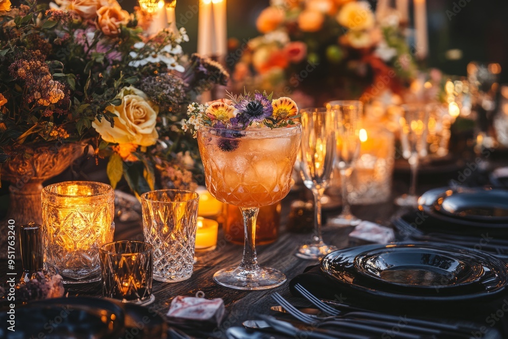 A beautifully arranged dining table with elegant glassware and vibrant floral centerpieces. Soft candlelight adds a warm ambiance perfect for gatherings. Generative AI A beautifully arranged dining table with elegant glassware and vibrant floral centerpieces. Soft candlelight adds a warm ambiance perfect for gatherings. Generative AI