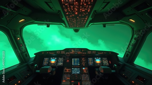 Fototapeta Naklejka Na Ścianę i Meble -  Futuristic spaceship cockpit with controls and green screen view