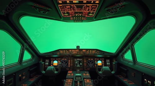 Cockpit view from spaceship with futuristic interface and green screen