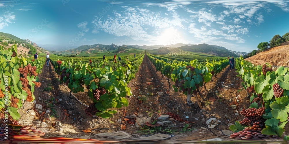 Obraz premium An immersive 360-degree equirectangular panorama of a sun-drenched vineyard, with rows of grapevines stretching across rolling hills, workers