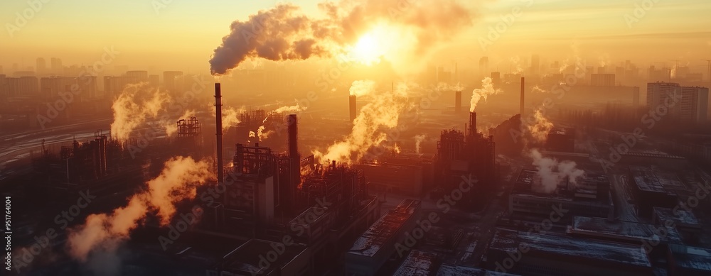 Obraz premium A factory emitting smoke but the ozone layer remains intact and strong, symbolizing resilience and environmental efforts, flat art, World Ozone Day.