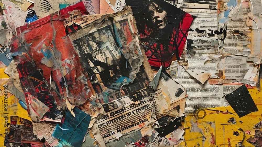 Fototapeta premium A close-up shot of a wall covered in old, faded, and torn posters and newspaper clippings.