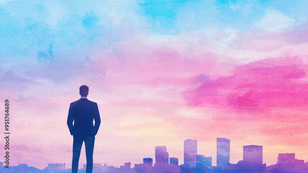 Man in business suit, confident stance, city skyline at dusk, watercolor style Man in business suit, confident stance, city skyline at dusk, watercolor style