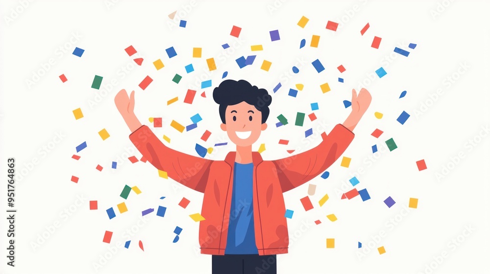 Happy man achieving a milestone, surrounded by confetti, flat design illustration Happy man achieving a milestone, surrounded by confetti, flat design illustration