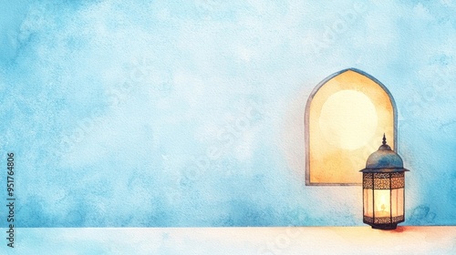 Islamic lantern, softly glowing beside a peaceful moonlit window, celebrating Raya, watercolor style photo