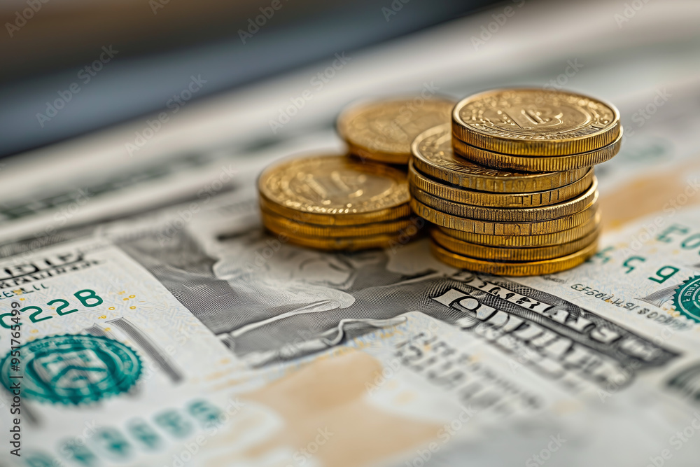 Gold Coins Stacked on US Dollar Bill: Financial Success Gold Coins Stacked on US Dollar Bill: Financial Success