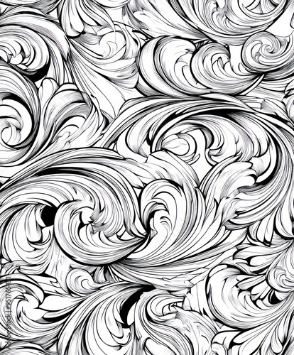 A swirling black and white abstract pattern resembling ornate waves and curves.