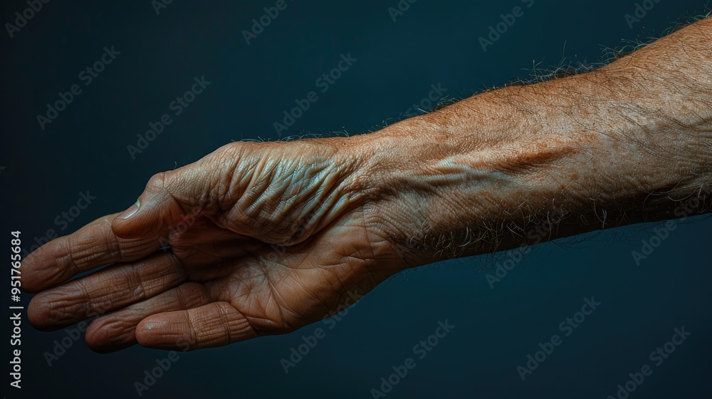 Fototapeta premium Close-up of a person's arm with goosebumps, showing the natural texture and reaction of the skin. The background is softly blurred to emphasize the arm.