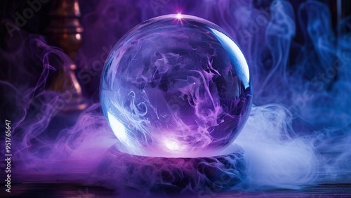 A crystal ball sits on a wooden surface with purple and blue smoke swirling around it, creating an ethereal and mysterious atmosphere.