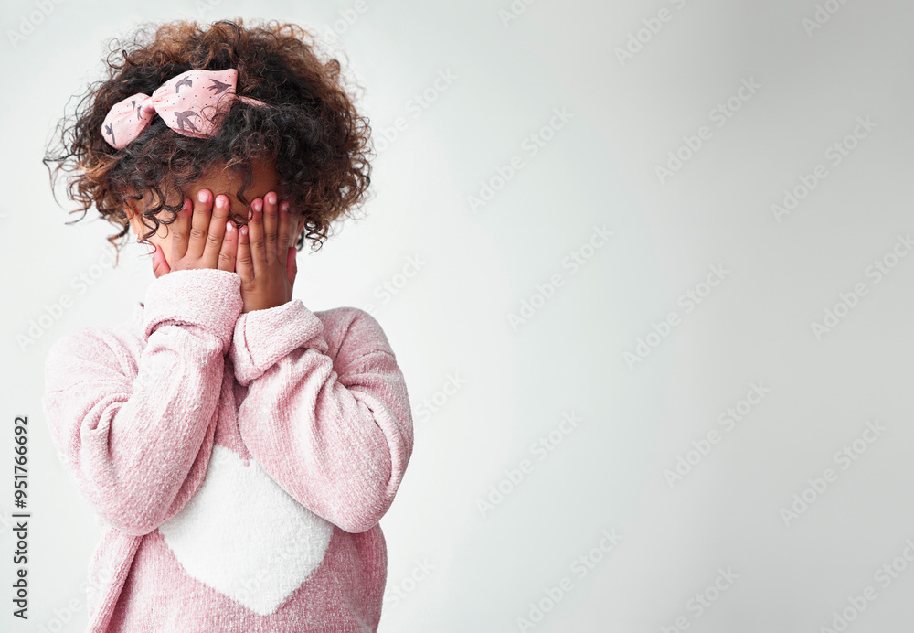 Girl, white background and covering eyes on pajamas with refusing to prepare for kindergarten. Kid, child and shy in mockup space in morning with waking up for school, education or brain development Girl, white background and covering eyes on pajamas with refusing to prepare for kindergarten. Kid, child and shy in mockup space in morning with waking up for school, education or brain development