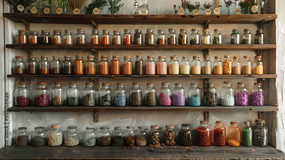A well-organized apothecary shelf filled with rows of glass jars, each containing various herbs, spices, and ingredients. A well-organized apothecary shelf filled with rows of glass jars, each containing various herbs, spices, and ingredients.