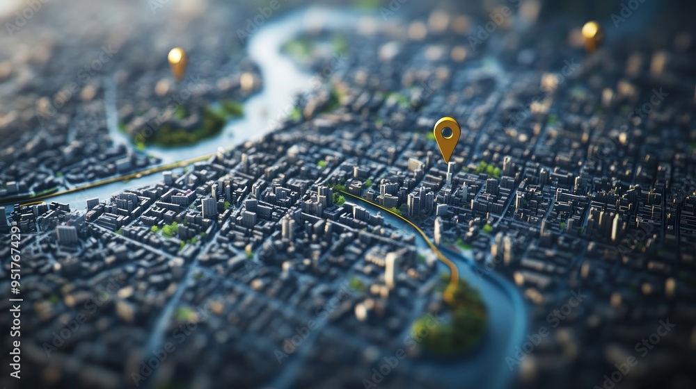 A Detailed Miniature Model of a City with Golden Location Pins A Detailed Miniature Model of a City with Golden Location Pins
