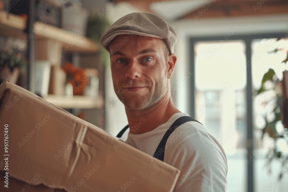 A smiling young man with a hat stands holding a cardboard box. He is in a cozy indoor space filled with greenery. The scene captures warmth and everyday life. Generative AI A smiling young man with a hat stands holding a cardboard box. He is in a cozy indoor space filled with greenery. The scene captures warmth and everyday life. Generative AI