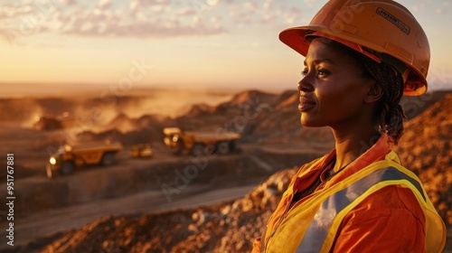 African woman in safety gear operates heavy machinery on a gold mining site at dawn with rugged terrain, dusty environment, and mining trucks in the background