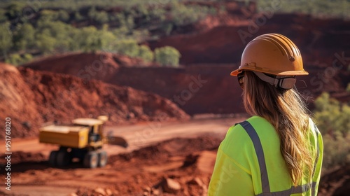 Australian woman in mining gear operates machinery at an open-pit gold mine with red earth, rugged scenery, and mining equipment in the background