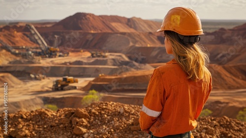 Australian woman in mining gear operates machinery at an open-pit gold mine with red earth, rugged scenery, and mining equipment in the background photo