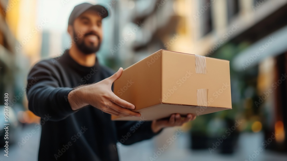 A smiling man in a casual outfit delivers a package in an urban setting, reflecting modern courier and delivery services. A smiling man in a casual outfit delivers a package in an urban setting, reflecting modern courier and delivery services.