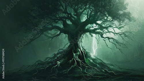 A large, ancient tree with gnarled branches and exposed roots stands in a dark, misty forest, illuminated by a soft, green glow.