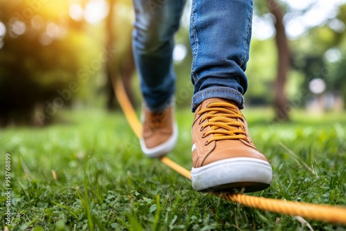 Close-Up of a Man's Feet Walking on a Tightrope in a Grassy Meadow