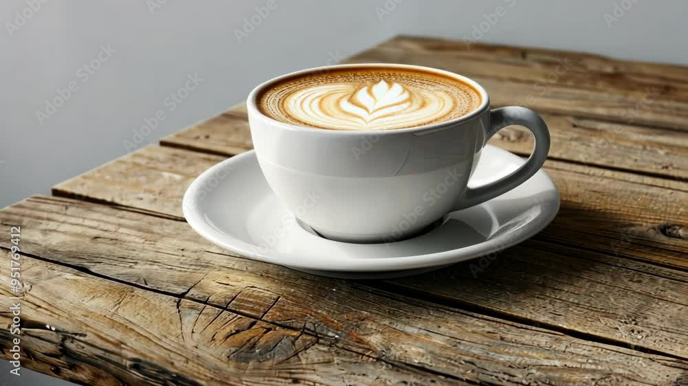 Enjoying a warm latte art on a rustic wooden table in a cozy café setting during the morning hours Enjoying a warm latte art on a rustic wooden table in a cozy café setting during the morning hours