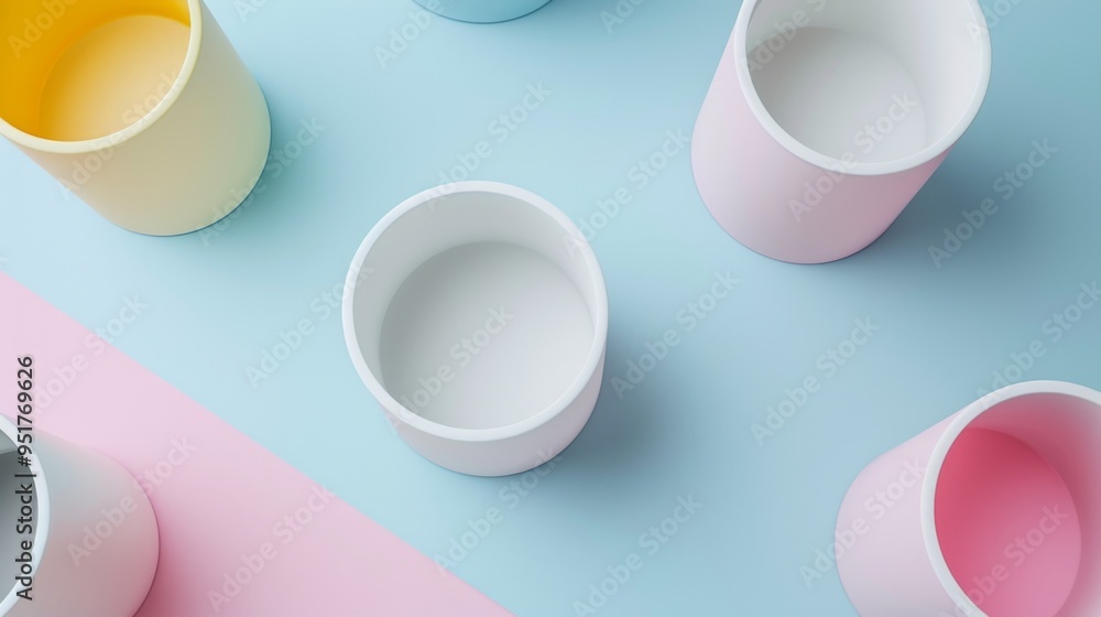 Top view of white blank cylinder for mock up and display products with pastel background Top view of white blank cylinder for mock up and display products with pastel background