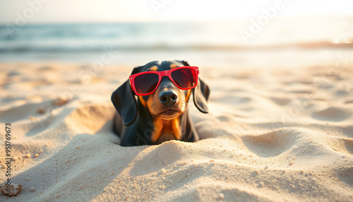 beautiful dog of dachshund, black and tan, buried in the sand at the beach sea on summer vacation holidays, wearing red sunglasses isolated with white highlights, png photo