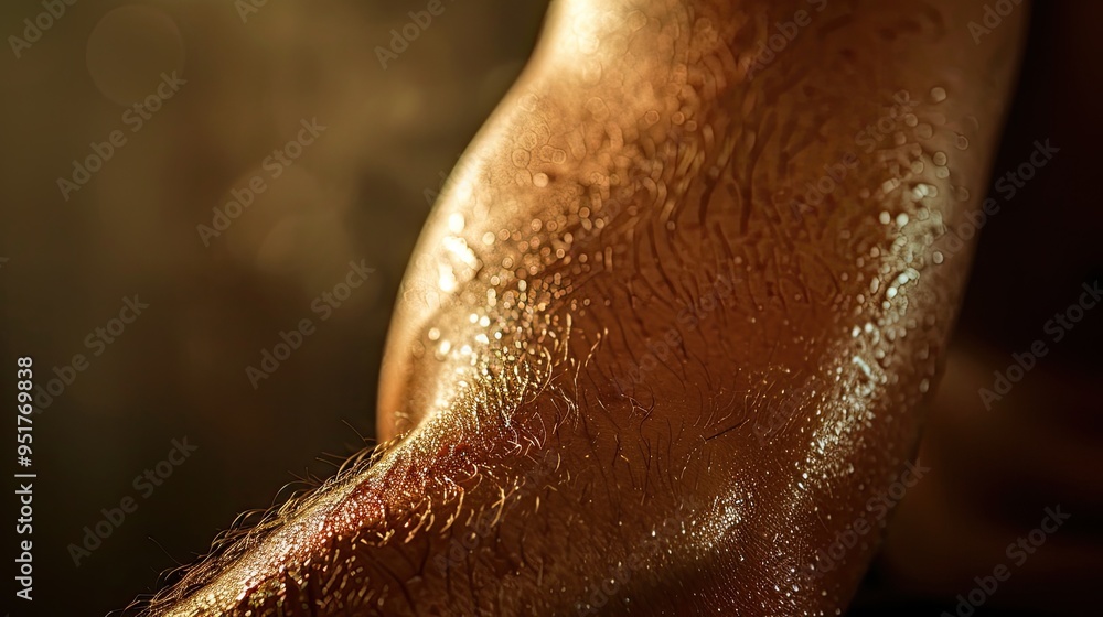 Fototapeta premium Close-up of a person's arm with a small birthmark, showing the unique marking and texture of the skin. The background is softly blurred to emphasize the arm.