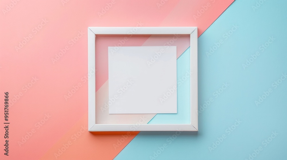 Top view of white blank square frame for mock up and display products with pastel background Top view of white blank square frame for mock up and display products with pastel background