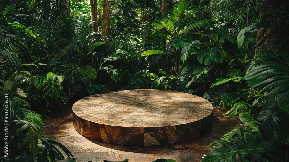 A nature-inspired circular podium surrounded by dense green jungle, providing a serene backdrop for product presentation. A nature-inspired circular podium surrounded by dense green jungle, providing a serene backdrop for product presentation.