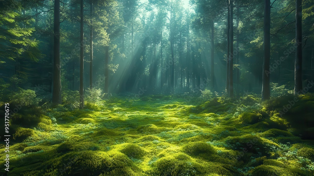 Naklejka premium enchanted scandinavian forest ancient pine trees thick carpet of vibrant green moss misty atmosphere soft dappled sunlight magical woodland scene