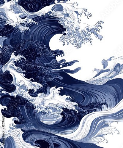 A stylized depiction of ocean waves in deep blue and white tones.