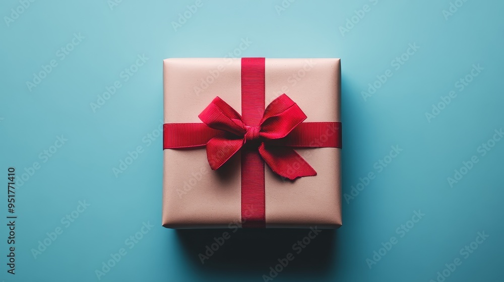 A red bow is tied around a gift box A red bow is tied around a gift box