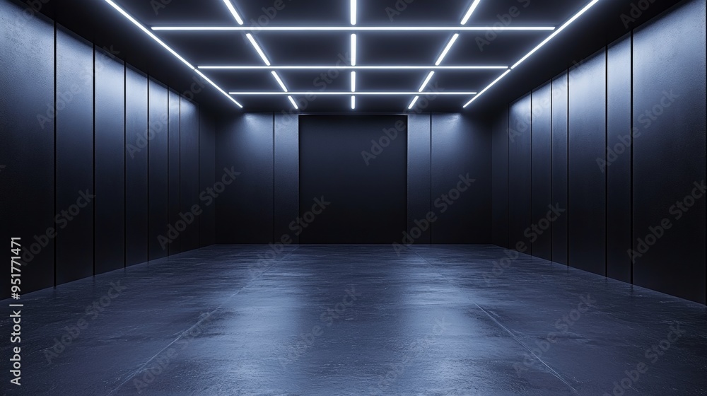 A large, empty room with a blue ceiling and white walls A large, empty room with a blue ceiling and white walls