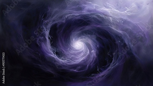 A swirling vortex of purple clouds with a bright light at the center, creating a sense of mystery and wonder.